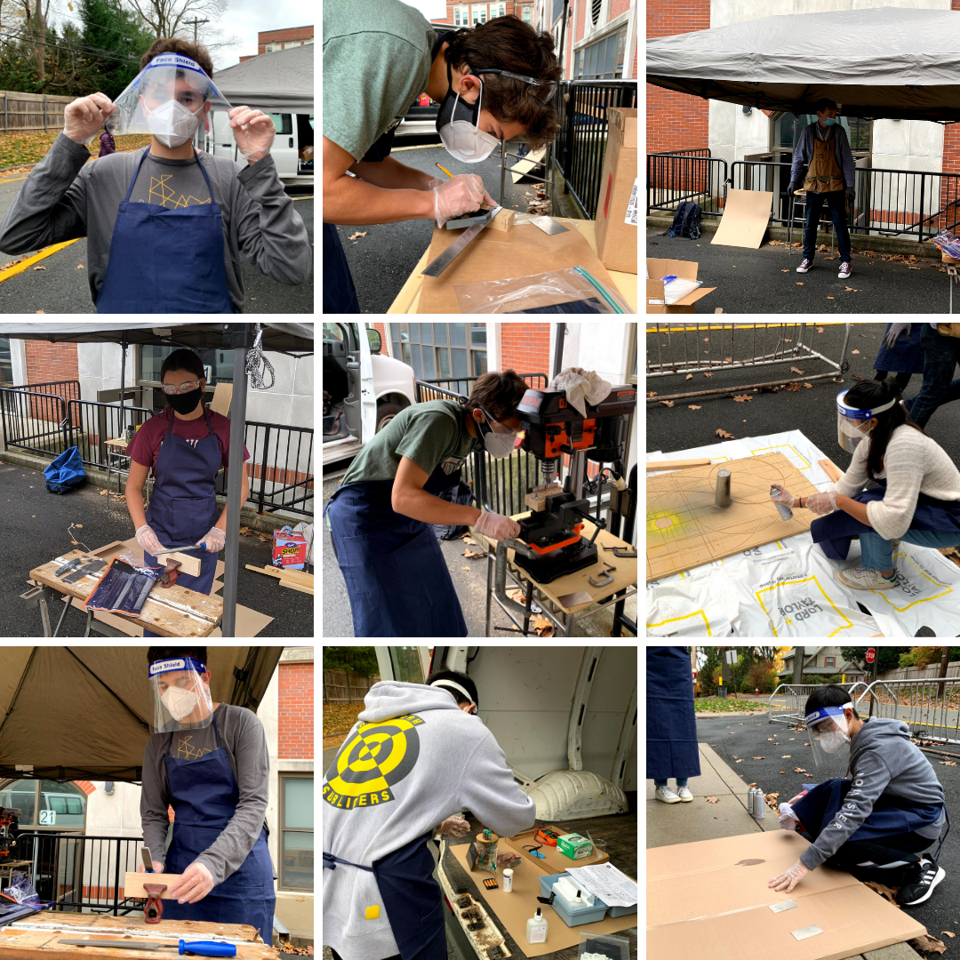 Collage of Ridgewood High School InvenTeam students working at stations outside