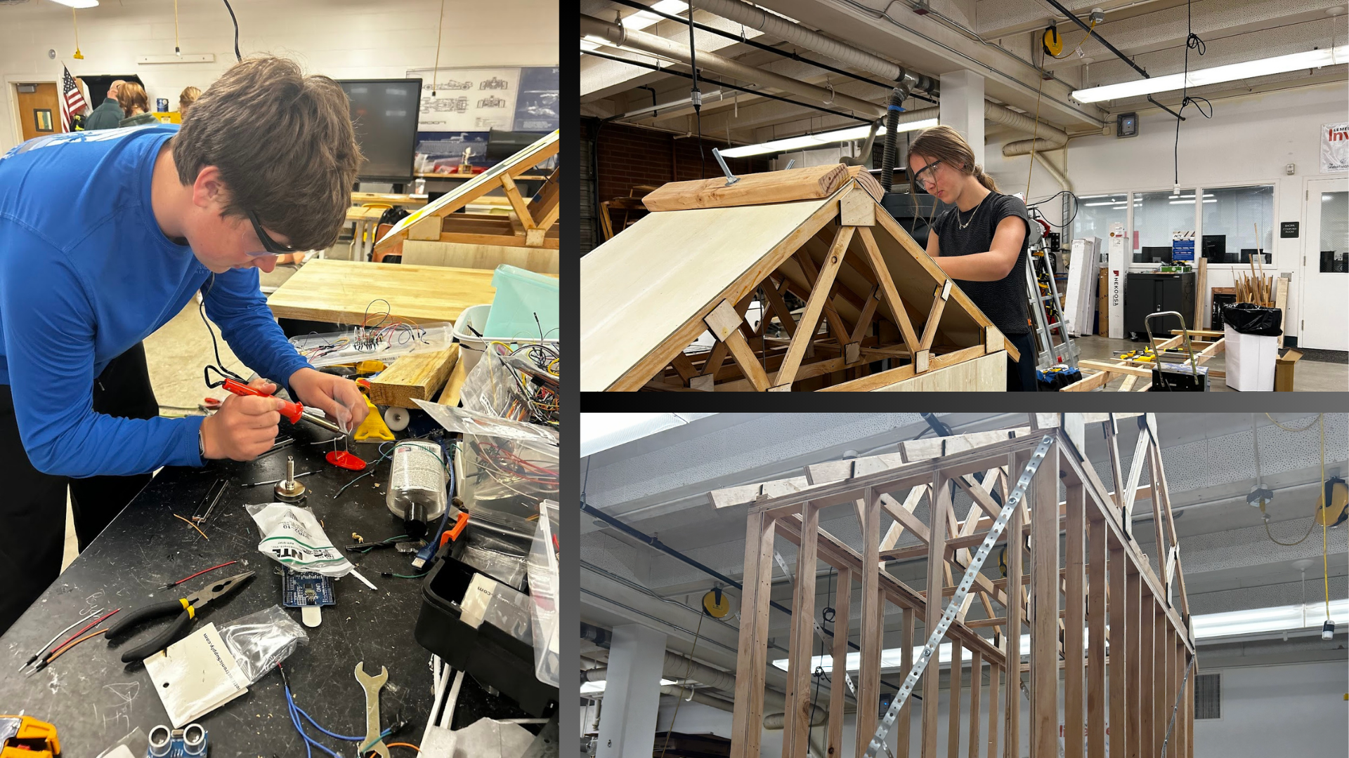 Three photos of the Incline High School Engineering Team creating a demonstration model of a home. 
