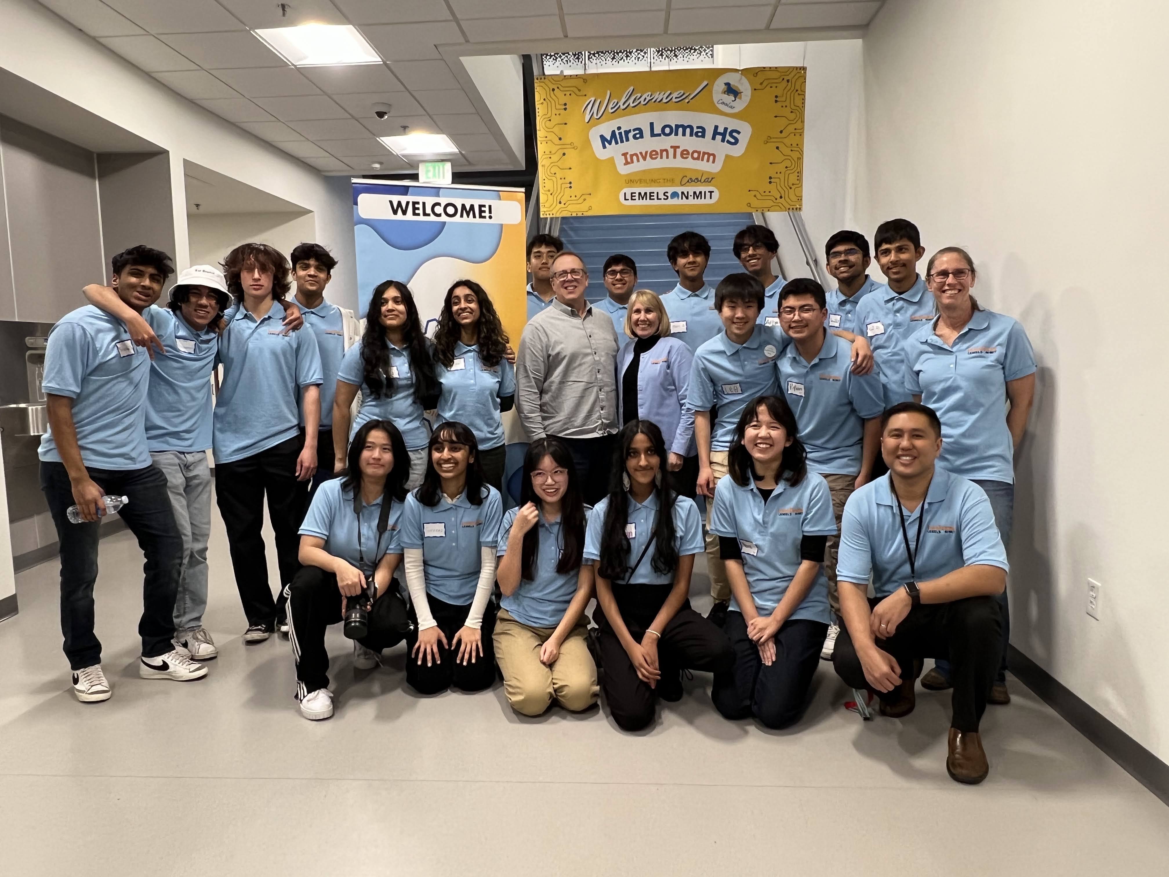 The Mira Loma HS InvenTeam, alongside mentor, Mark Westlake, advisors, Franco Canet and Coleen Kelly, and Invention Education Officer, Leigh Estabrooks, pose for a team picture.