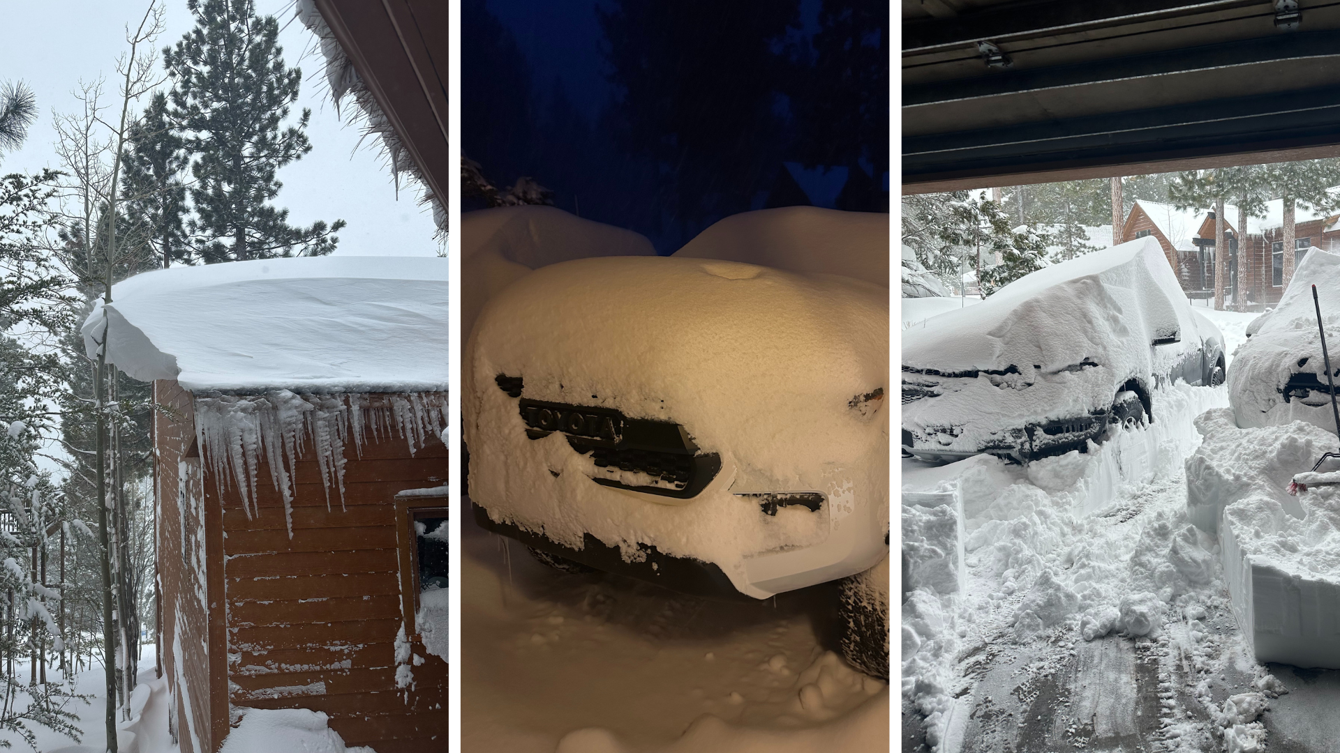 Three photos; one of a house with large icicles on it and a lot of snow on the roof and two images of cars covered in snow. 
