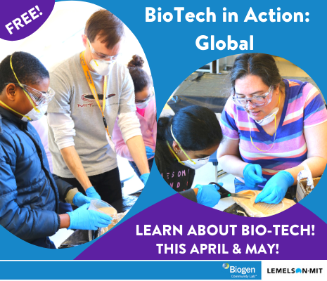 A man teacher with a male student and a woman teacher with a female student, working on experiments with text that Biotech in Action Globral, learn about Bio-Tech this April and May, free