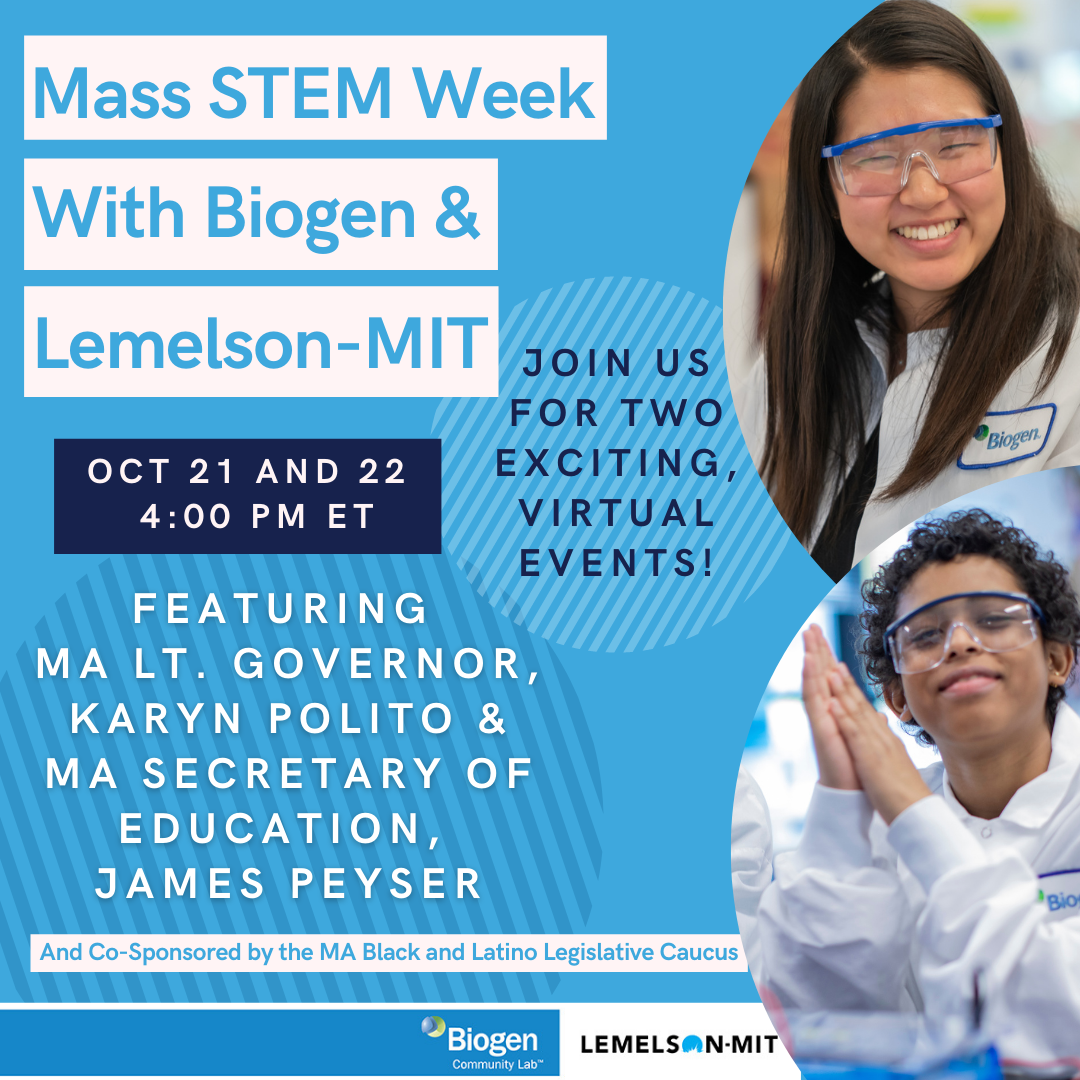 Graphic with 2 students in the lab to promote MA STEM week events