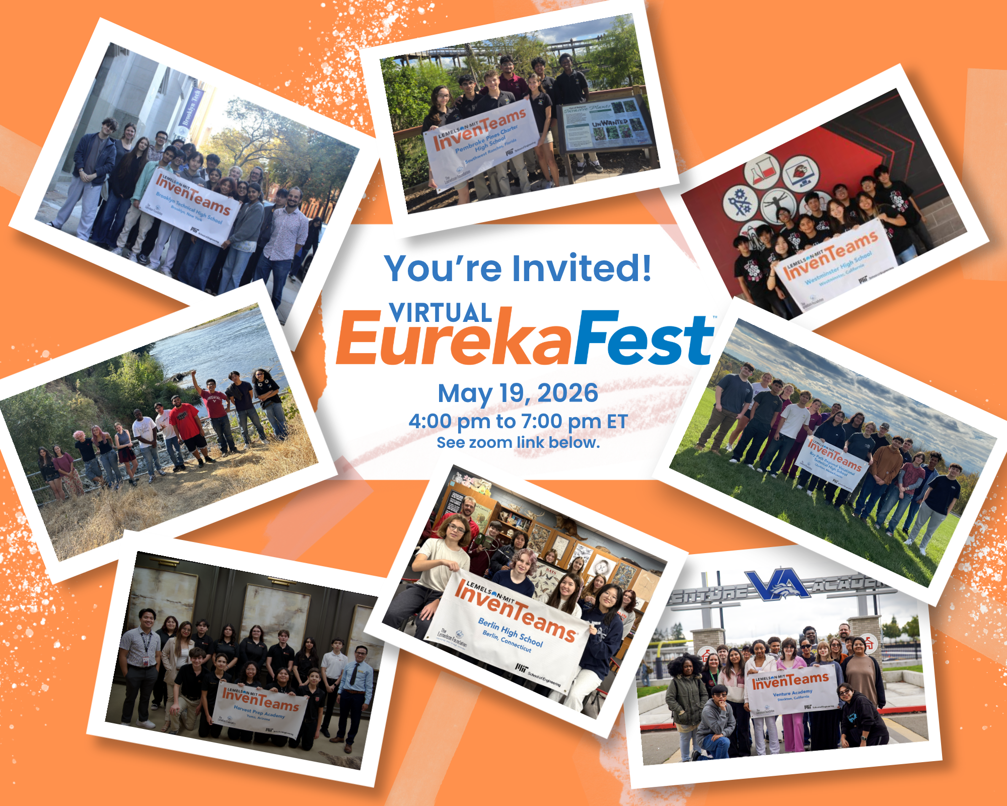 pictures of the eight inventeams with text you're invited to virtual eurekafest on May 19, 2026 from 4:00 pm to 7:00 pm ET. see below for zoom link