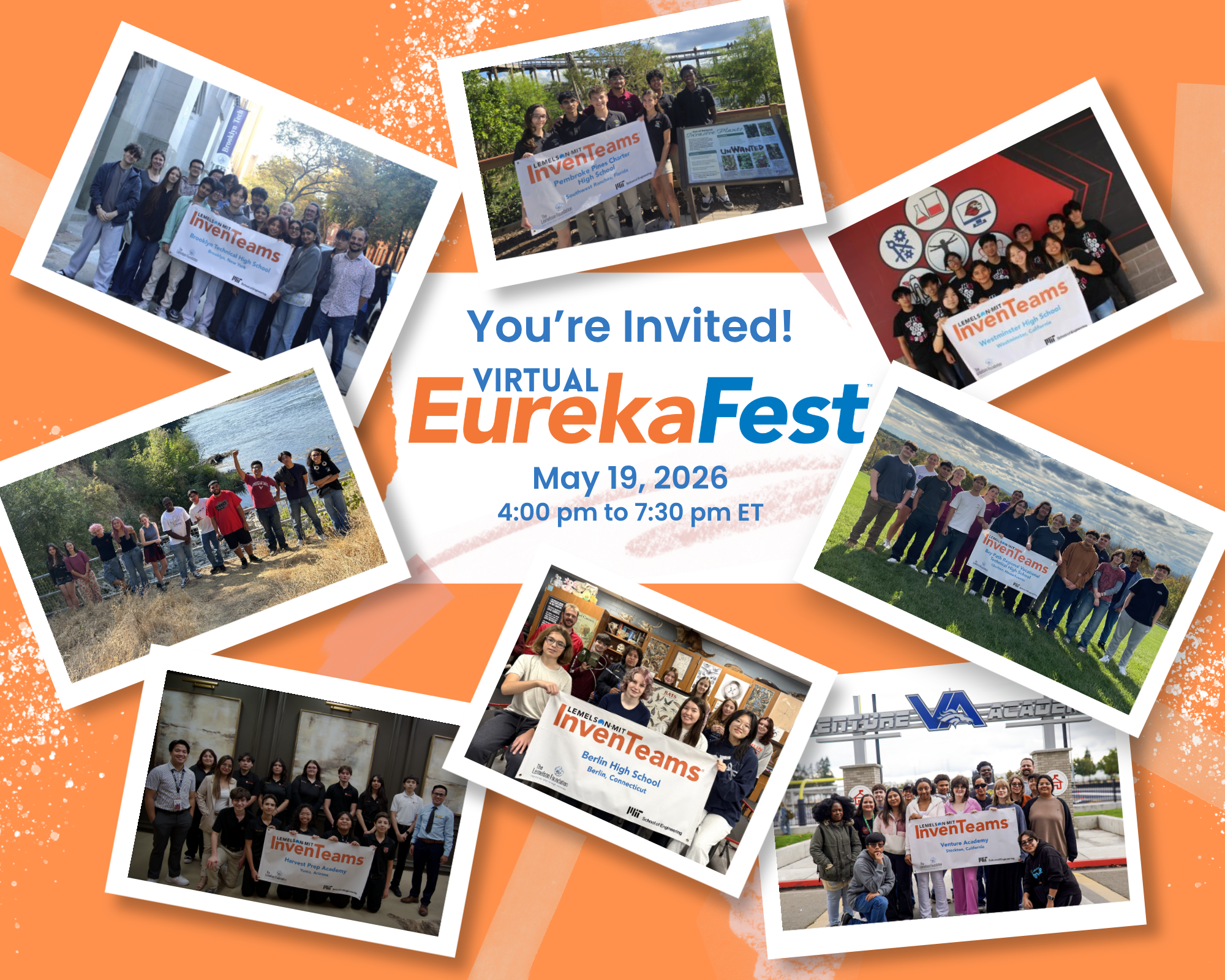 Invitation to EurekaFest, May 19, 2026, 4:00 to 7:30 PM Graphic showing pictures of each team. 