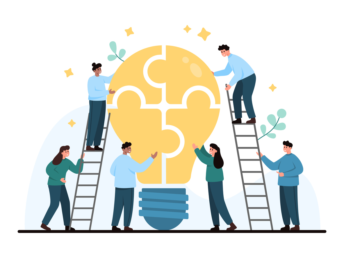 Group of people building a lightbulb