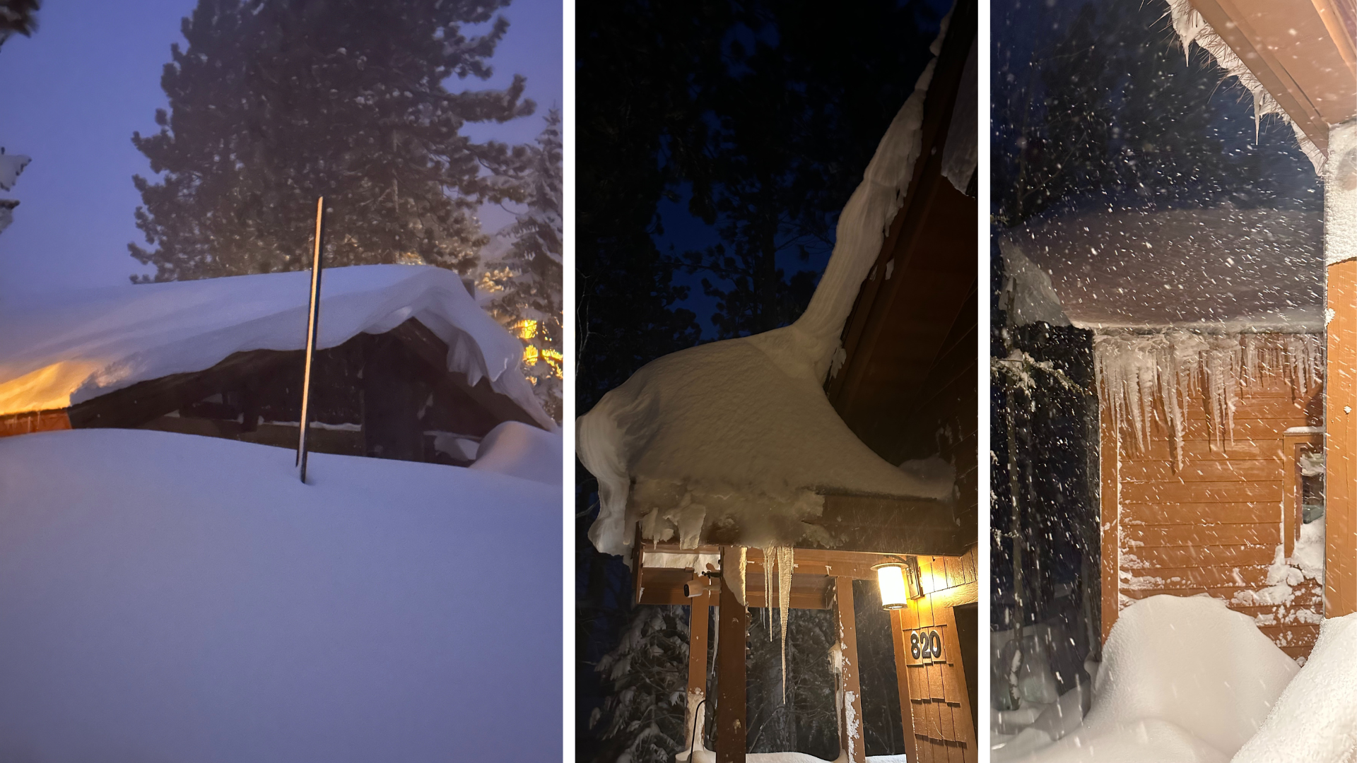 Three images; The same house covered in a large amount of snow with large icicles hanging off the side.