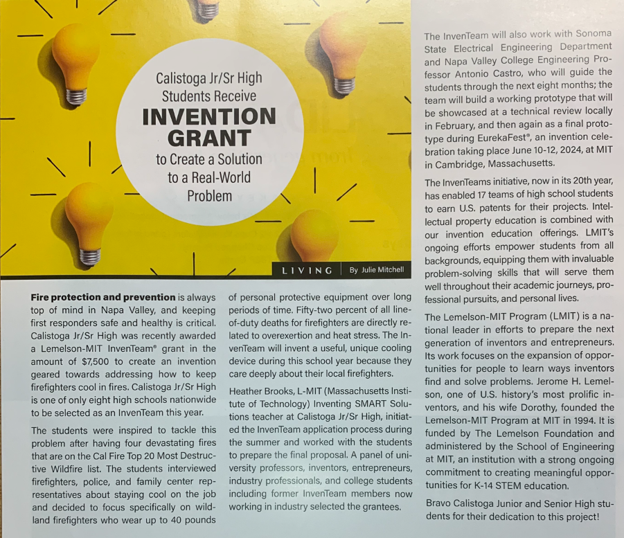 Calistoga Living Magazine feature article on our InvenTeam