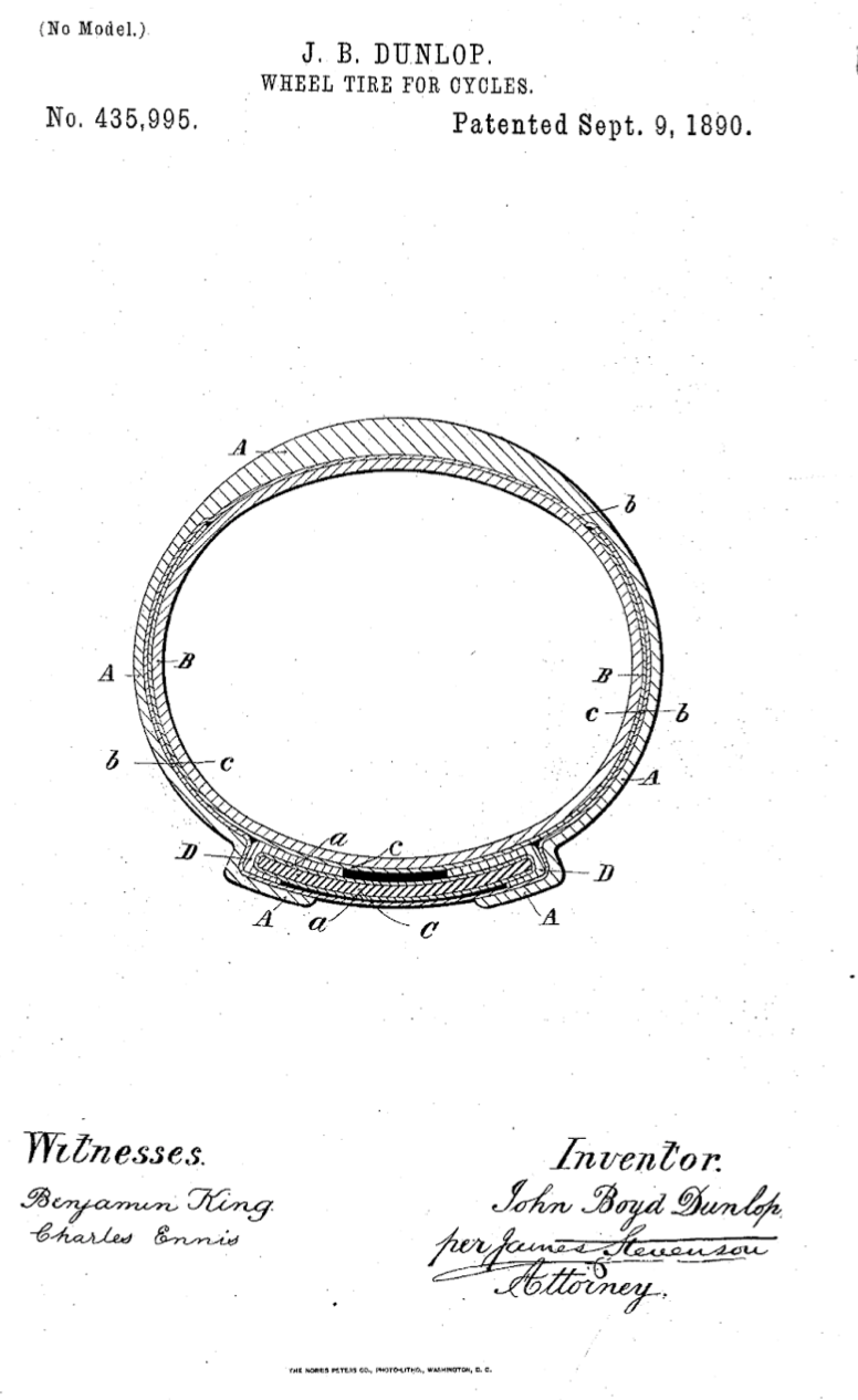 John Dunlop Patent Drawing- Wheel Tire for Cycles