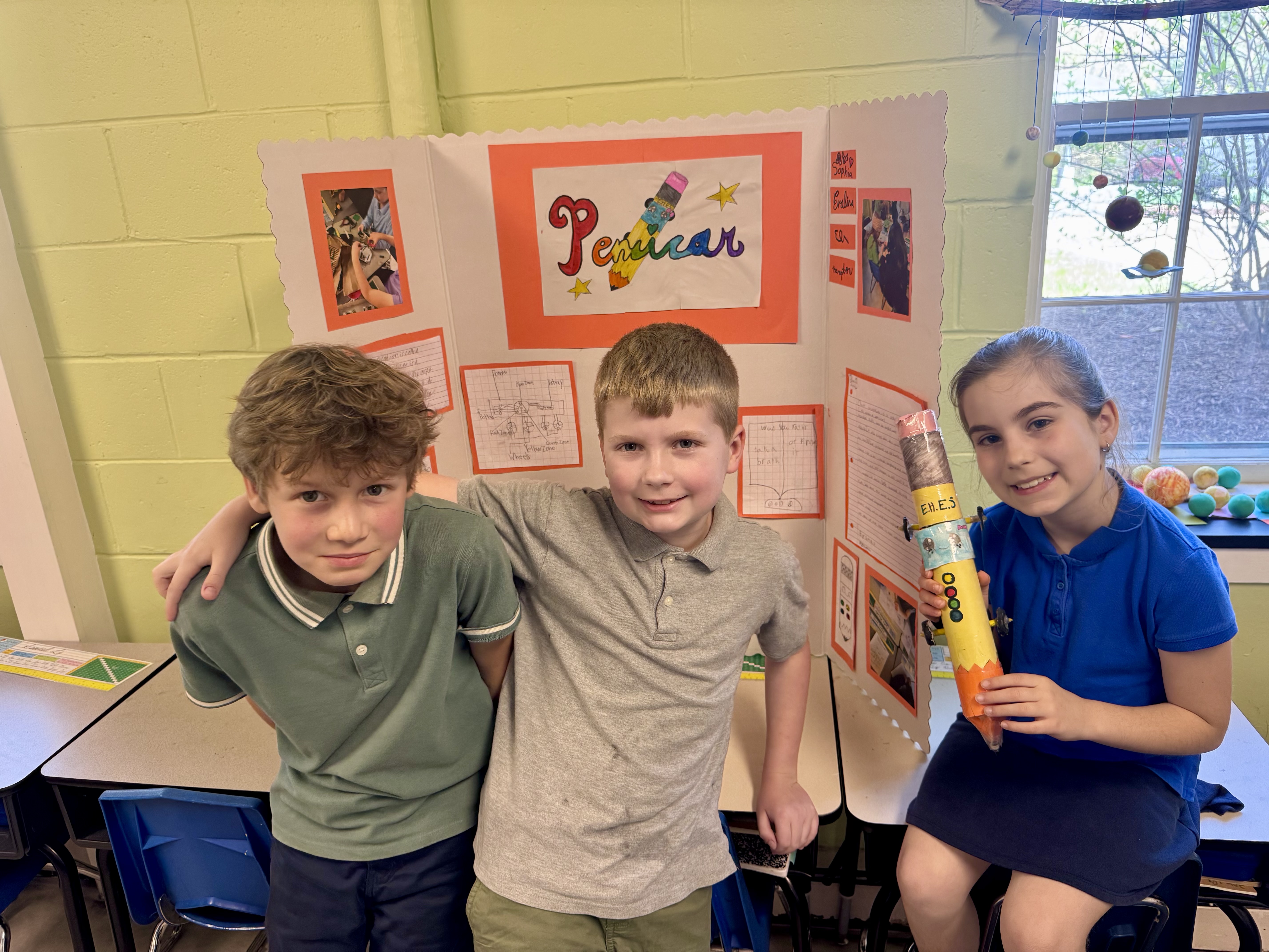 Image of Third graders sharing their invention "Pencan"