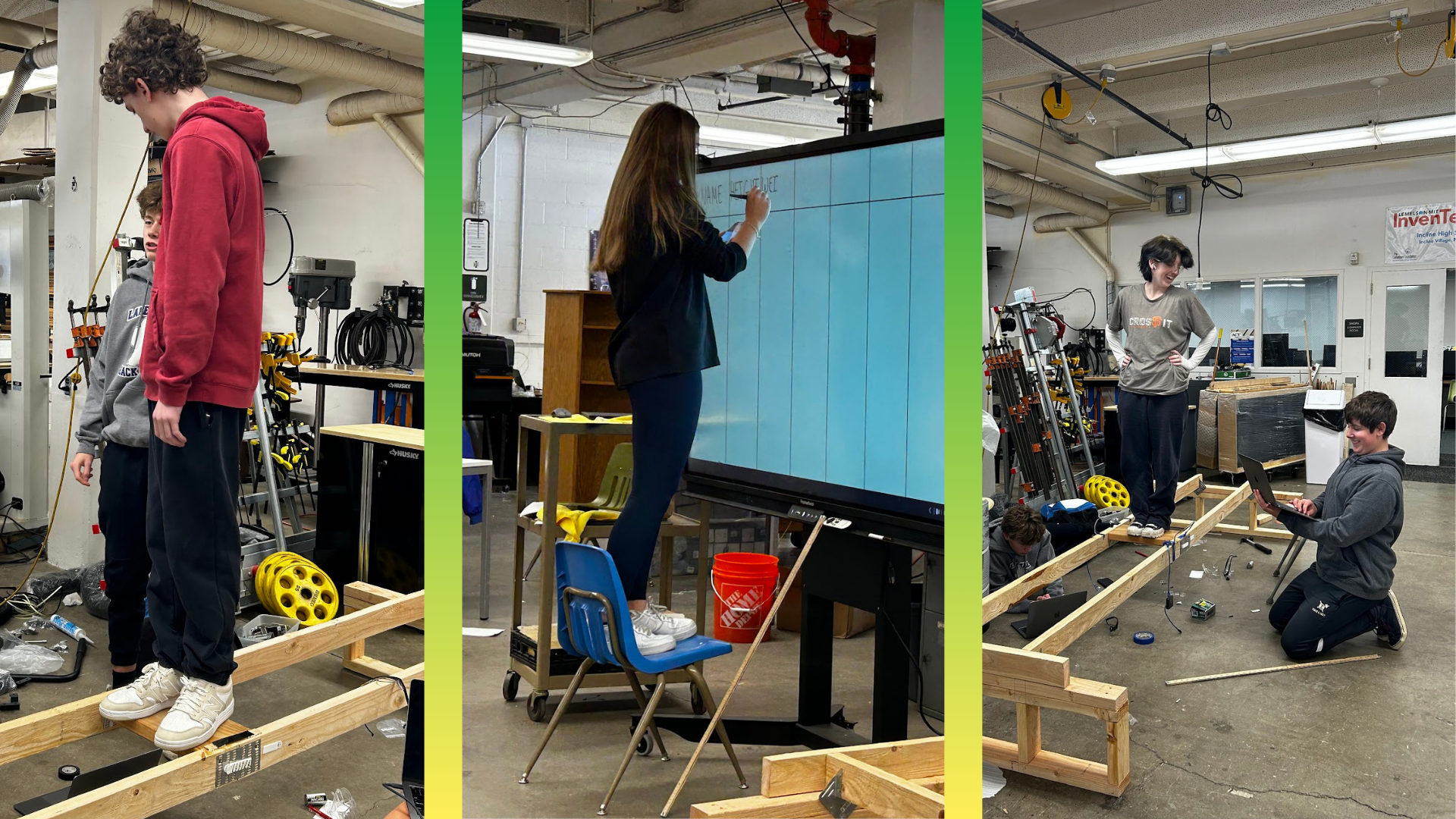 Three different images showcasing the Incline Village LMIT InvenTeam gathering data from their demonstration beam. 