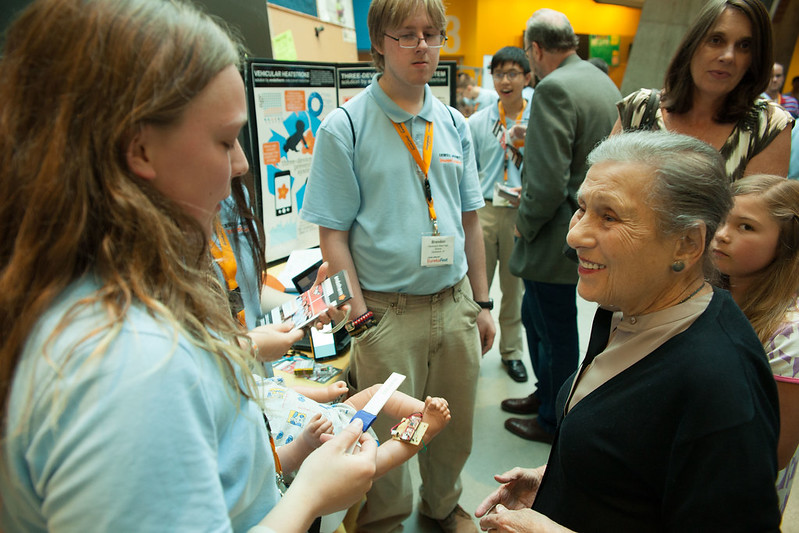 Dorothy Lemelson with young InvenTeam students at EurekaFest 2015