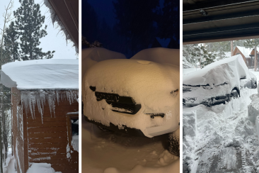 Three photos; one of a house with large icicles on it and a lot of snow on the roof and two images of cars covered in snow. 