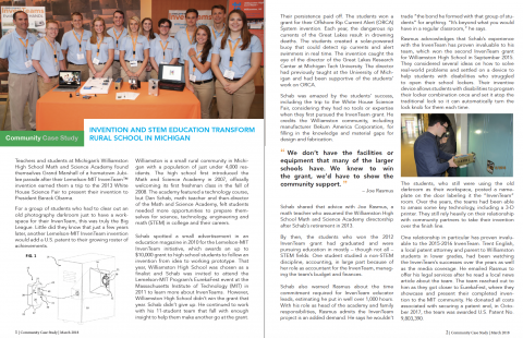 Screen shot of the Cover Page and First Page of the Williamston Case Study with photo of the InvenTeam